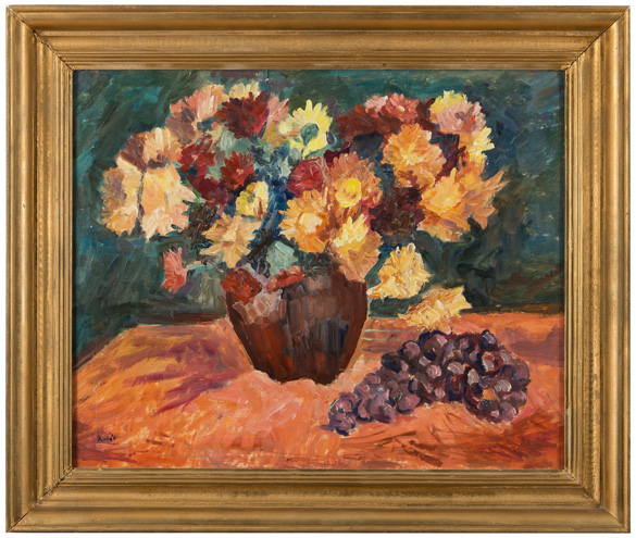 Zátiší s kyticí a hroznovým vínem