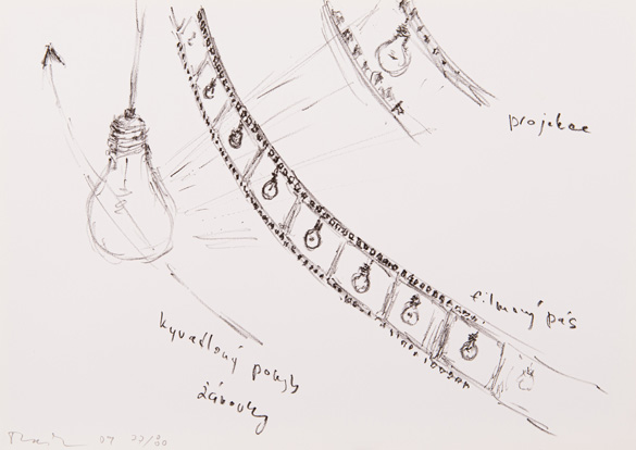 Kyvadlový pohyb žárovky, projekce, filmový pás
