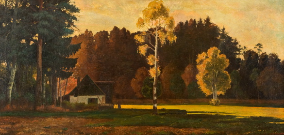 Krajina s domkem u řeky