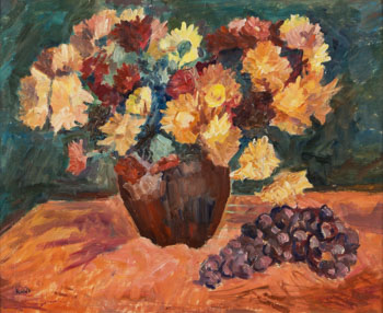 Zátiší s kyticí a hroznovým vínem